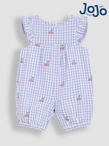 Lilac Purple Cherry Gingham - JoJo Maman Bébé – hübscher, bestickter Sonnenschutz-Anzug mit Rüschen an der Schulter aus 100 % Baumwolle (AU4172) | 37 € - 38 €