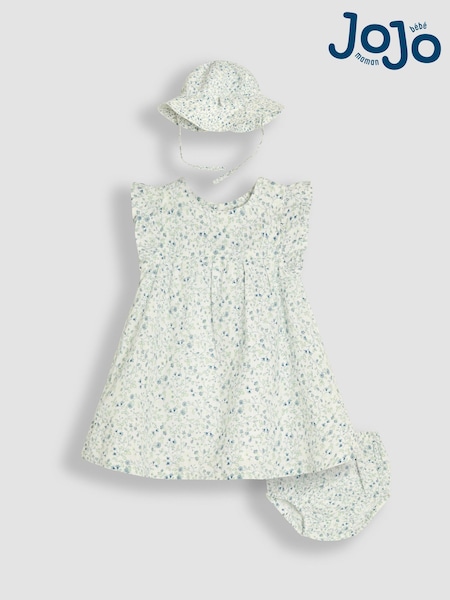 JoJo Maman Bébé Blue Ditsy Floral 3-Piece Frill Shoulder Baby Dress, Knicker & Hat Set (AU4177) | €45 - €48