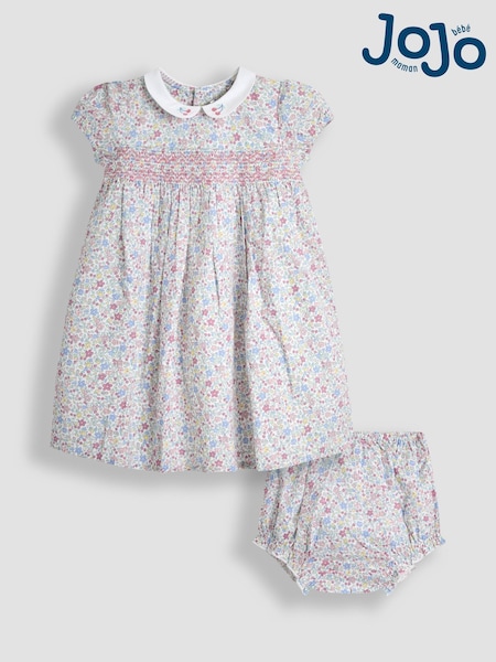 JoJo Maman Bébé Blue Ditsy Floral Smocked Woven 100% Cotton Dress (AU4183) | AED205 - AED243