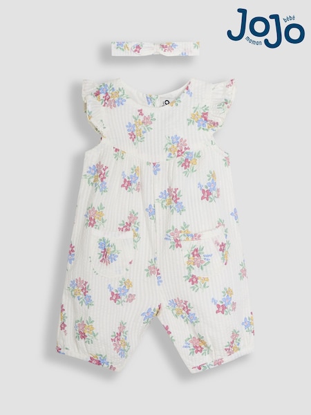 JoJo Maman Bébé White Floral Pretty Ruffle Shoulder Sunsuit with Headband (AU4188) | €33 - €34