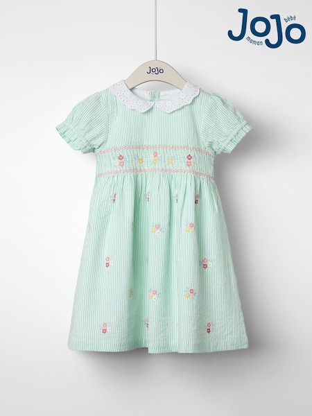 JoJo Maman Bébé Green Floral Seersucker Embroidered Smocked Dress (AU4193) | €51 - €57