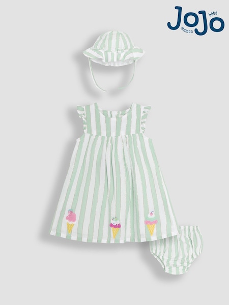 JoJo Maman Bébé Aqua Green Ice Cream Embroidered 3-Piece Frill Shoulder Baby Dress, Knicker & Hat Set (AU4196) | €54 - €57