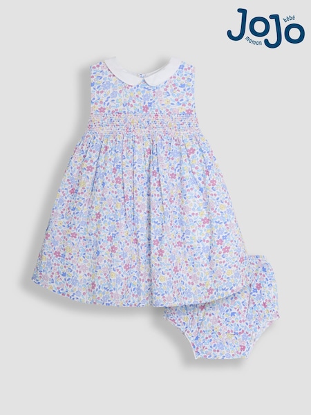 JoJo Maman Bébé Pink Cherry Ditsy Floral Print Smocked Sleeveless Summer 100% Cotton Dress (AU4199) | 148 QAR - 178 QAR