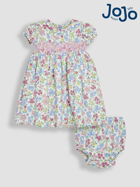 JoJo Maman Bébé Pink & Blue Floral Smocked Woven 100% Cotton Dress (AU4200) | €42 - €49.50