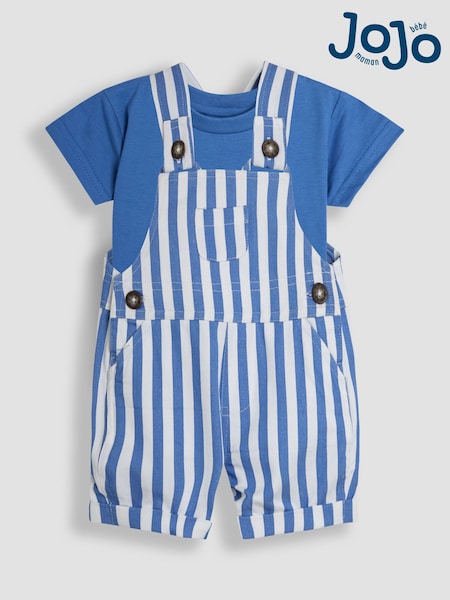 JoJo Maman Bébé Blue 2-Piece Stripe Dungarees & T-Shirt Set (AU4205) | €48 - €54