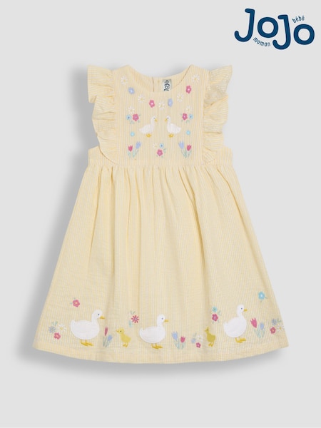 JoJo Maman Bébé Yellow Duck Appliqué Seersucker Summer Dress (AU4206) | SGD 50 - SGD 56