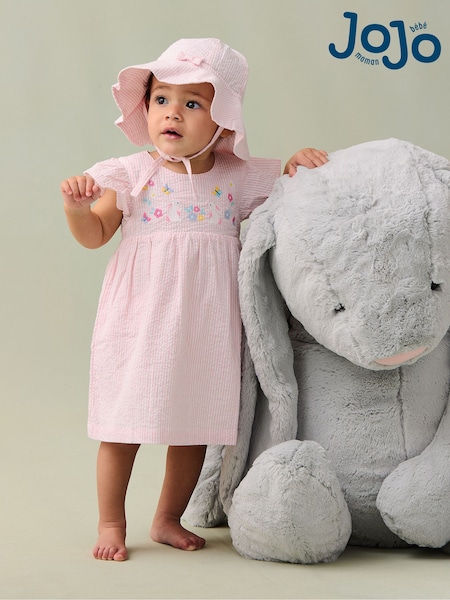 JoJo Maman Bébé Pink Bunny Embroidered 3-Piece Frill Shoulder Baby Dress, Knicker & Hat Set (AU4211) | €51 - €54