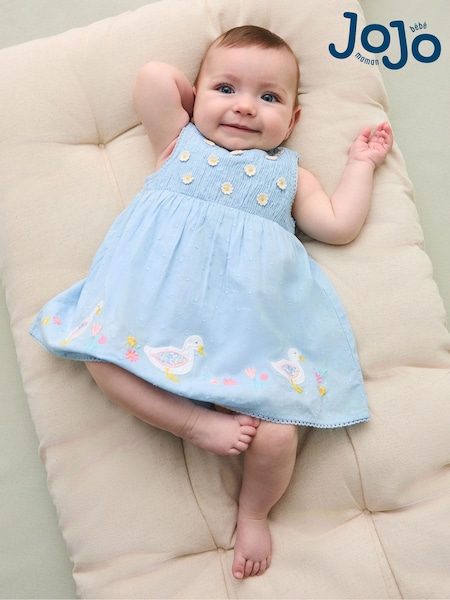 JoJo Maman Bébé Blue Duck Floral Baby Appliqué 100% Cotton Dress (AU4214) | AED163 - AED169