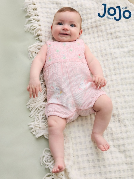 Pink Smocked Stripe Bunny - JoJo Maman Bébé Appliqué Pocket 100% Cotton Dungarees (AU4217) | 38 € - 40 €