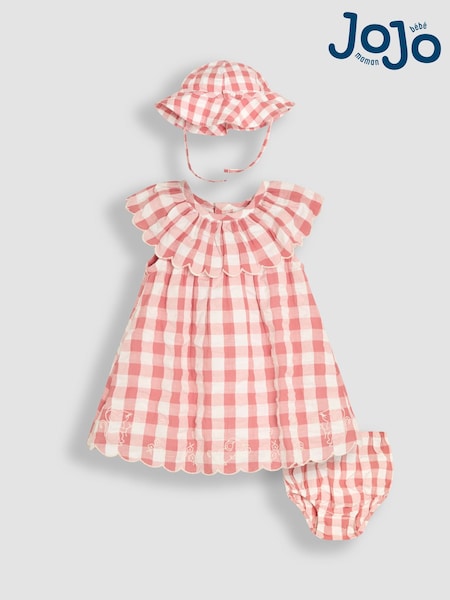 JoJo Maman Bébé Pink Gingham Mouse Embroidered 3-Piece Scallop Baby Dress, Knicker & Hat Set (AU4218) | €45 - €48