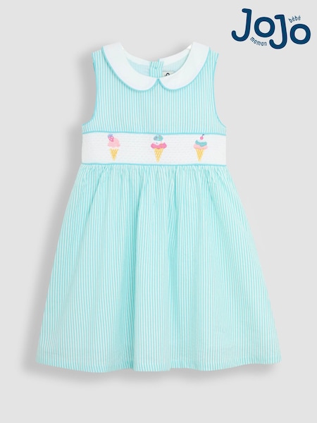 JoJo Maman Bébé Blue Ice Cream Seersucker Stripe Smocked Dress (AU4224) | $71 - $85