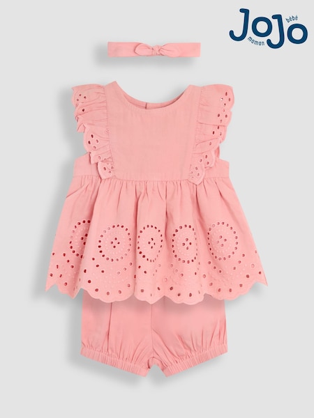 JoJo Maman Bébé Pink Broderie Ruffle Sleeve Dress 100% Cotton Bloomers and Headband Set 3 Piece (AU4230) | 148 QAR - 153 QAR
