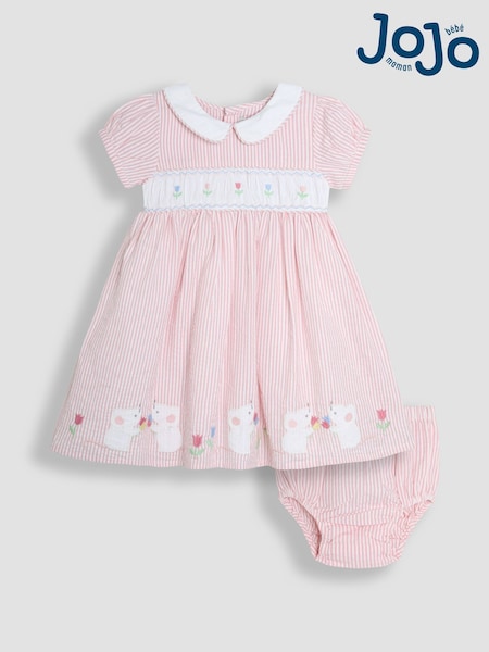 JoJo Maman Bébé Pink Mouse Seersucker Appliqué Smocked Dress (AU4241) | 158 QAR - 178 QAR