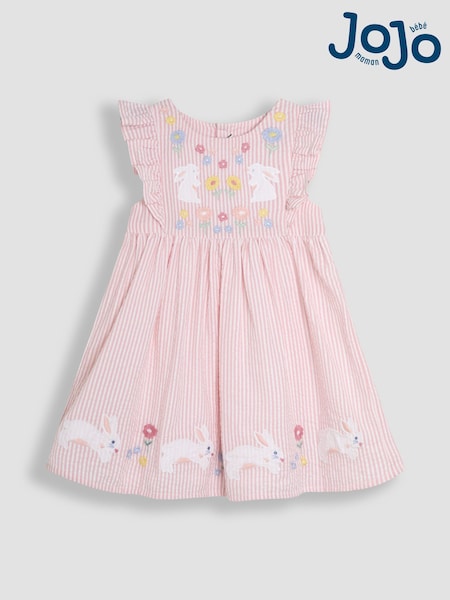 JoJo Maman Bébé Pink Bunny Appliqué Seersucker Summer 100% Cotton Dress (AU4242) | kr371 - kr414