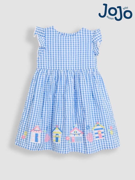 JoJo Maman Bébé Blue Beach Huts Appliqué Gingham Summer Dress (AU4244) | €40 - €45