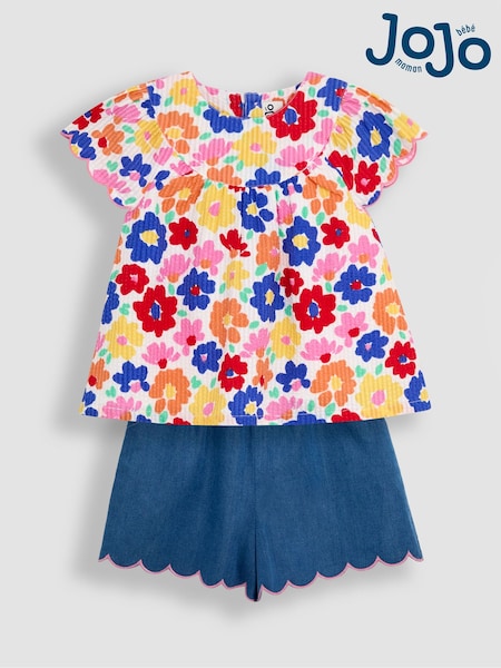JoJo Maman Bébé Fucshia Pink 2-Piece Floral Frill Sleeve Blouse & Shorts Set (AU4246) | kr428 - kr514