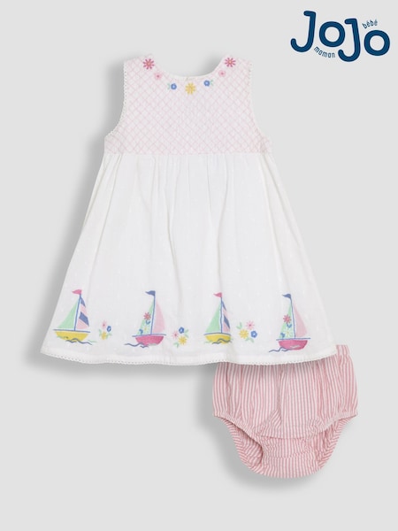 JoJo Maman Bébé White Boat Baby Appliqué 100% Cotton Dress (AU4247) | AED163 - AED169