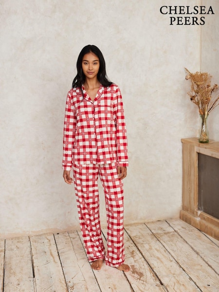 Chelsea Peers Red Christmas Snowflakes Check Long Pyjamas Set (AU4277) | AED131
