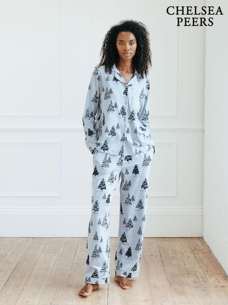 Chelsea Peers Blue Christmas Tree Print Long Pyjamas Set (AU4280) | AED224