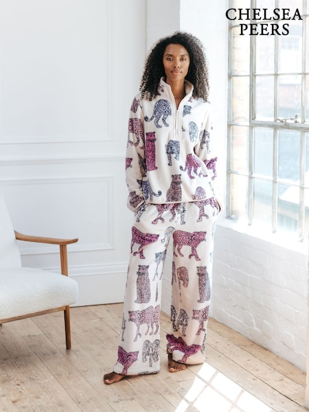 Chelsea Peers White Fleece Leopard Print Sweatshirt & Joggers Set (AU4287) | AED189
