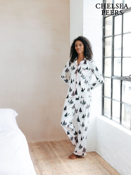 Chelsea Peers White Christmas Tree Print Long Pyjamas Set (AU4288) | AED224