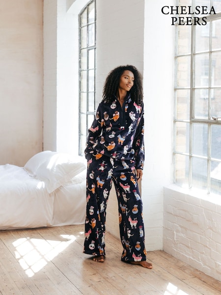 Chelsea Peers Blue Fleece Disco Cats Print  Sweatshirt & Joggers Set (AU4296) | AED189