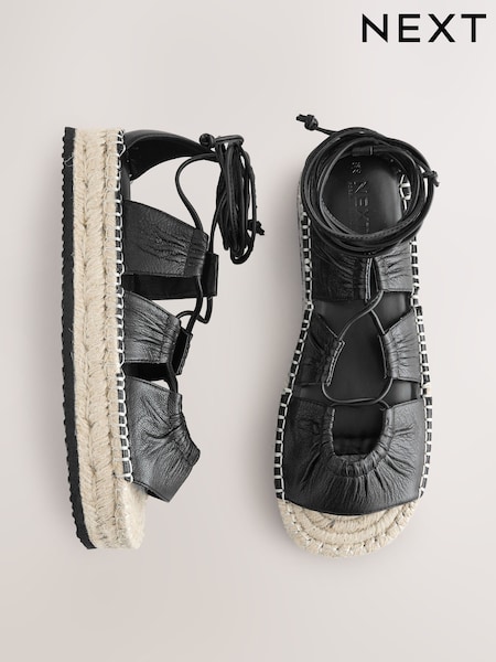 Black Leather Lace-Up Espadrille Flatform Sandals (AU4370) | €78.50