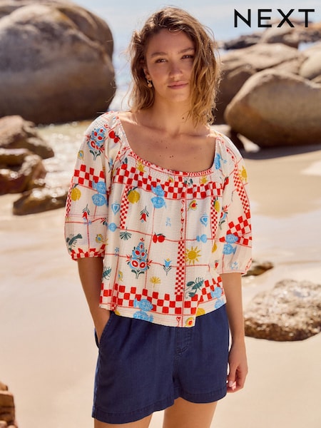 Ecru Tablecloth Print Volume Half Sleeve Jersey 100% Cotton Blouse (AU4397) | 919 UAH