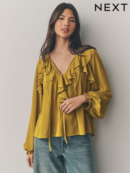 Ochre Yellow Long Sleeve Boho Mesh Blouse (AU4402) | 1,413 UAH