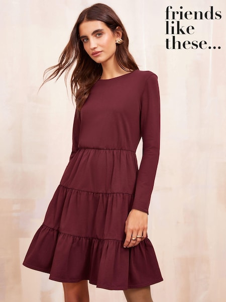 Friends Like These Burgandy Red Long Sleeve Tiered Mini Dress (AU4541) | ₪176