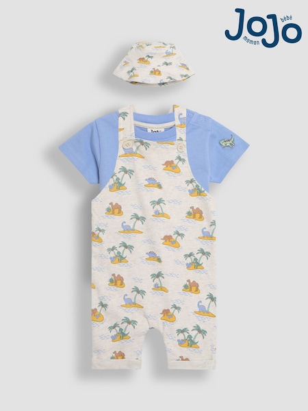 JoJo Maman Bébé Natural 100% Cotton Dino Dungarees & T-Shirt Set with Hat 3 Piece (AU4585) | €51 - €54