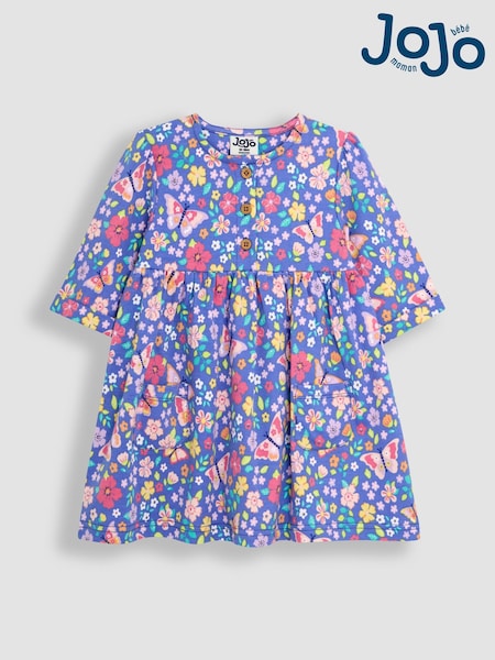JoJo Maman Bébé Lilac Purple Butterfly Floral Pet in Pocket Button Front Dress (AU4590) | €37 - €41