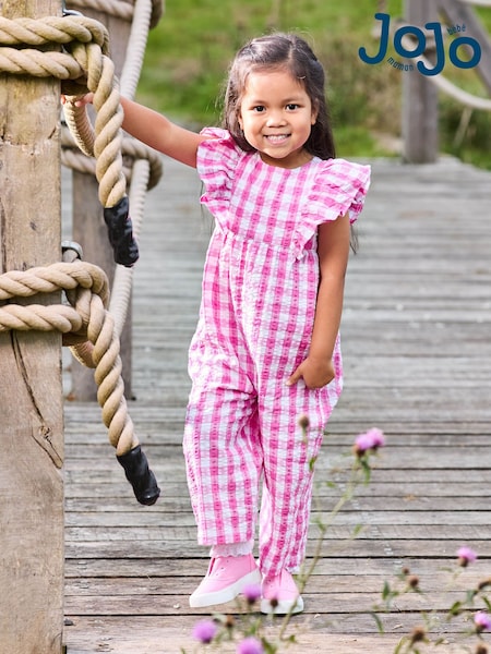 Roz model pepit fuchsia - Combinezon din bumbac cu volane 100% Jojo Maman Bébé (AU4593) | 179 LEI - 201 LEI