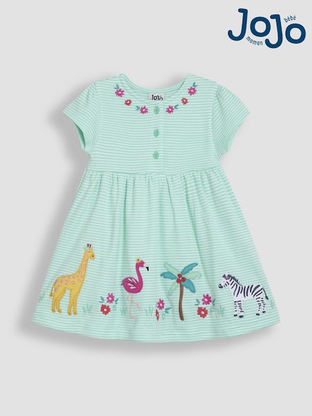 Mint Green Safari Animals - JoJo Maman Bébé Kleid mit Applikation und Knopfleiste aus 100% Baumwolle (AU4595) | 35 € - 40 €