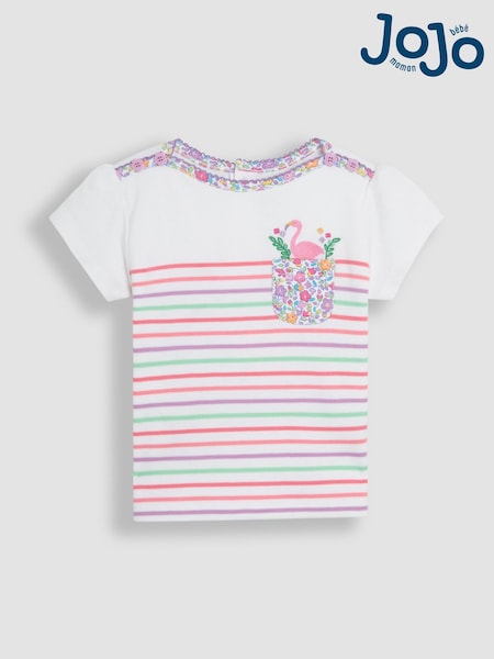JoJo Maman Bébé Coral Pink Flamingo Appliqué Pocket Breton T-Shirt (AU4598) | kr200 - kr243