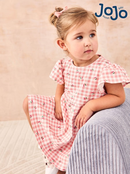 JoJo Maman Bébé Cherry Gingham Flutter Sleeve 100% Cotton Dress (AU4601) | ‏122 د.إ.‏ - ‏ 141‏ د.إ.