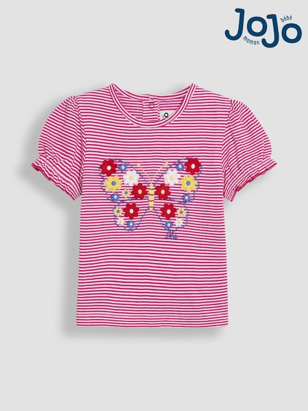 JoJo Maman Bébé Fuchsia Pink Butterfly Applique Puff Sleeve T-Shirt (AU4607) | €26 - €30