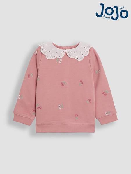 JoJo Maman Bébé Pink Cherry Broderie Collar Sweatshirt (AU4613) | €30 - €34