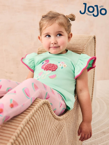 JoJo Maman Bébé Mint Green Flamingo Appliqué T-Shirt & Leggings Set 2 Piece (AU4615) | €43 - €48