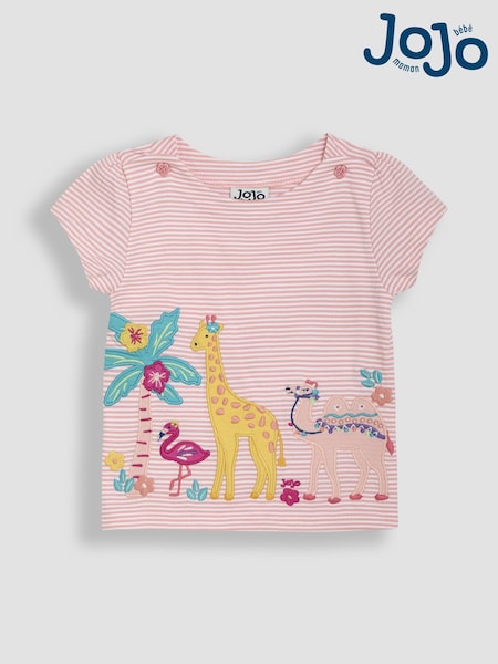JoJo Maman Bébé Coral Pink Safari Animal Print Appliqué 100% Cotton T-Shirt (AU4622) | 961 UAH - 1,142 UAH