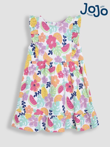 JoJo Maman Bébé Coral Pink Jungle Floral Frill Shoulder Summer Dress (AU4631) | €30 - €35