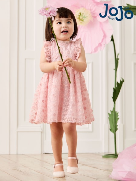 JoJo Maman Bébé Pale Pink Embroidered Lace Frill Flower Print Girl Dress (AU4633) | €69 - €78