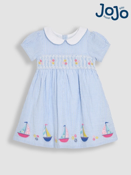 JoJo Maman Bébé Blue Boat Seersucker Appliqué Smocked Dress (AU4636) | AED186 - AED210