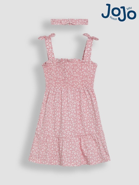 JoJo Maman Bébé Pink Floral Smocked Pretty Sun Dress With Headband (AU4637) | €30 - €35