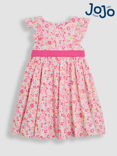JoJo Maman Bébé Pink Pretty Floral Ruffle Front Party Dress (AU4652) | $63 - $73