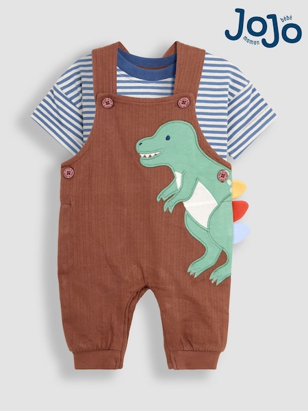 JoJo Maman Bébé Brown TRex 2-Piece Appliqué Dungarees & T-Shirt Set (AU4664) | €47 - €49