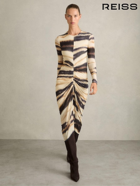 Reiss Neutral/Navy Georgia Jersey Ruched Printed Dress With Wool (AU4870) | kr3 969