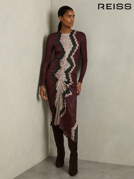 عنابي - Reiss Georgia Printed Jersey Ruched Midi Dress (AU4903) | ‏1,426 د.إ.‏