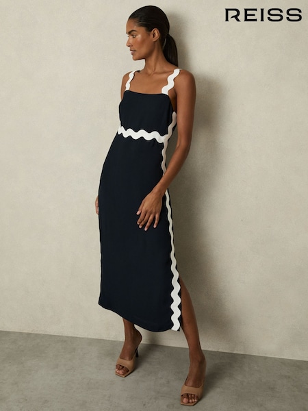 Reiss Navy Asher Wave-Trim Crepe Midi Dress (AU4905) | CA$565