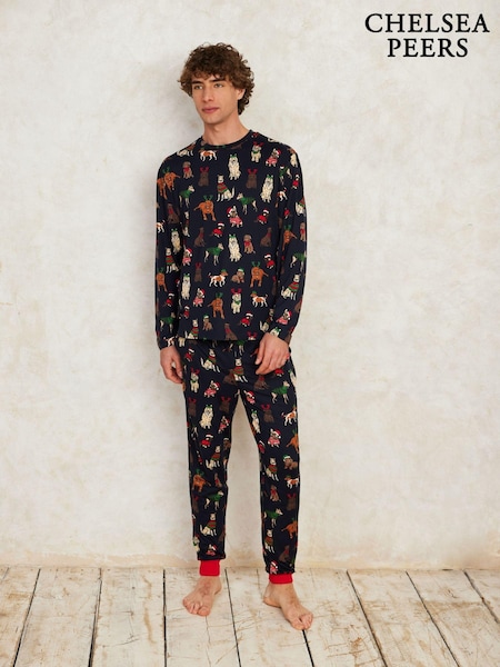 Chelsea Peers Blue 12 Dogs of Christmas Print Long Pyjamas Set (AU5000) | €37